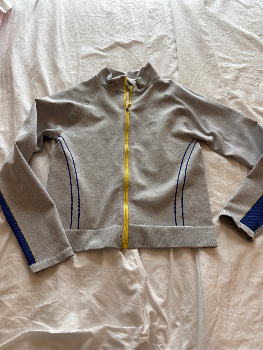 Women's Grey Jacket with Yellow Zip and Blue Accents